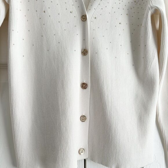 NWT Calvin Klein Cardigan Sweater Womens Sz S Ivory Gold Accents Ribbed-Knit - Picture 3 of 11